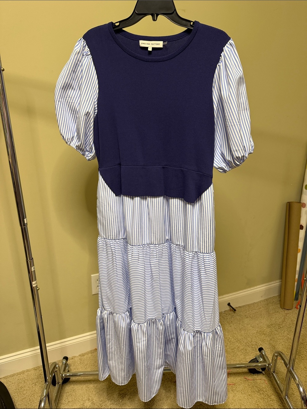 English Factory Navy Blue & White Striped Tiered Dress